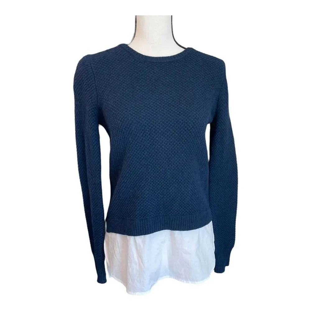 J.Crew Womens Sweater Wool Crewneck Layered Blue White Waffle Knit Solid XS